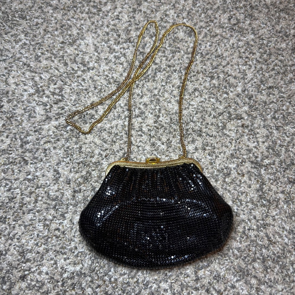 Whiting and Davis Vintage Black Metal Mesh Crossbody Bag Pearl Clasp Evening Bag